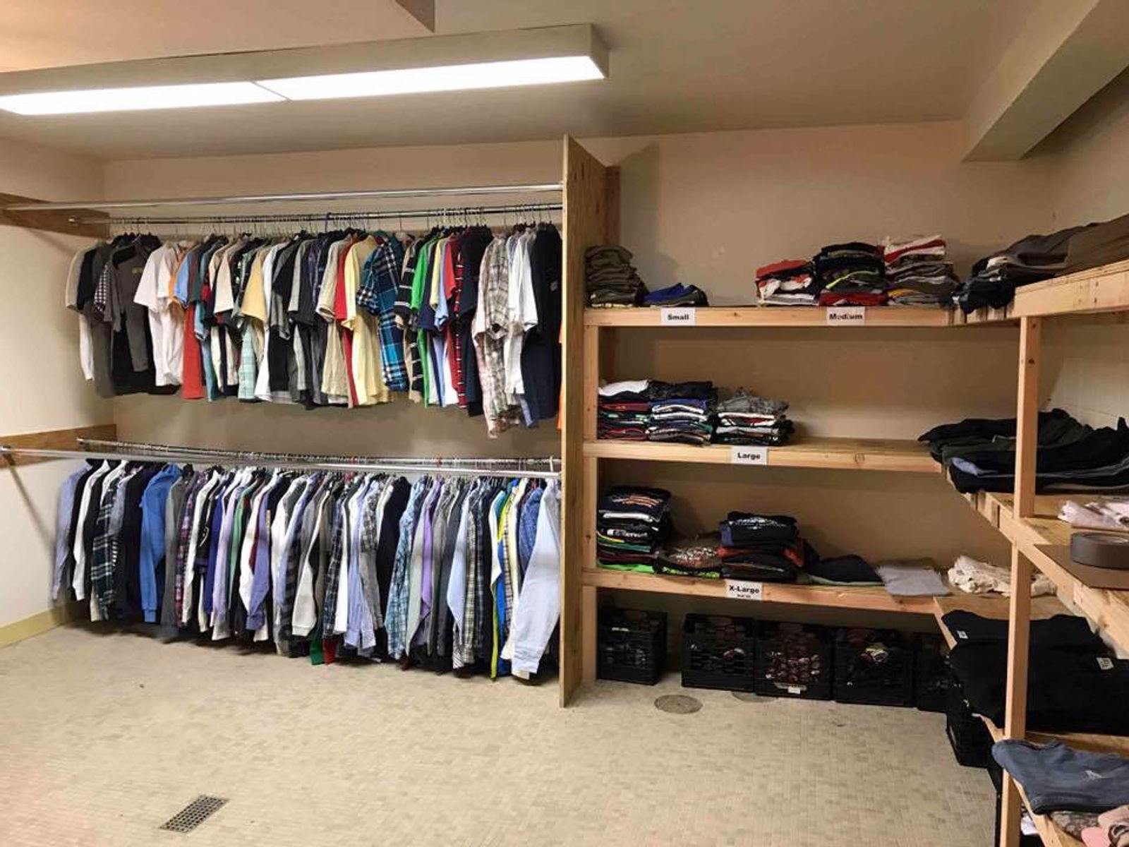 Clothing racks and sized shelves ready for distribution